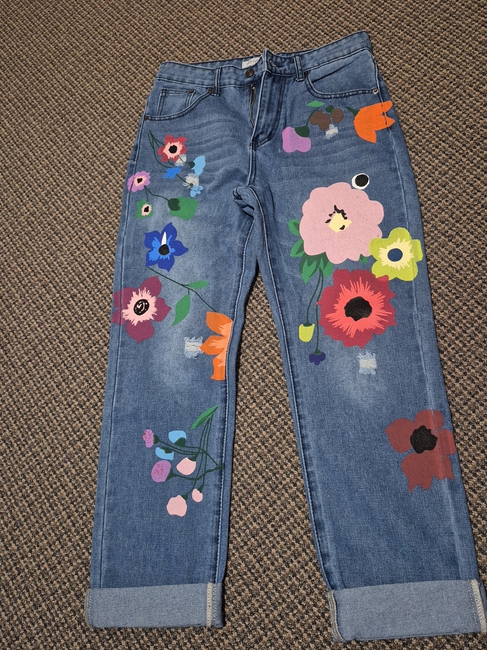 MISSLOOK Blue Denim Boyfriend Jeans with Multicolor Floral Prints